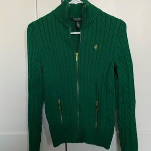 Ralph Lauren Emerald Cable Knit Zip Up Cardigan Sweater